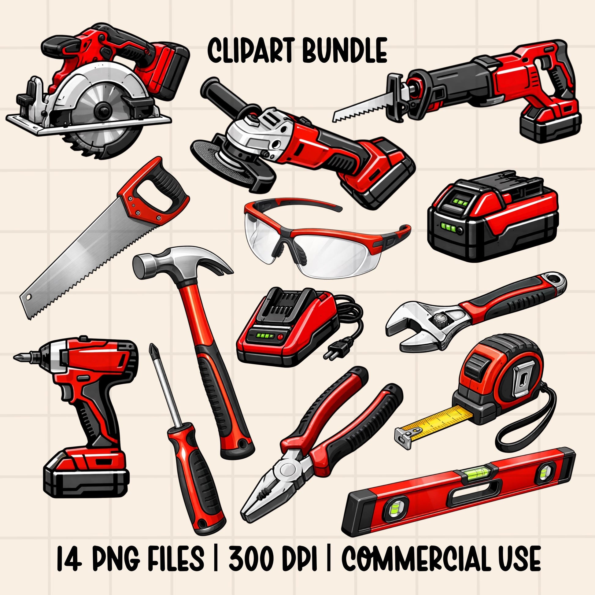 Red and black power tools clipart bundle featuring drill, saw, hammer, wrench, pliers, tape measure, and safety gear PNG files