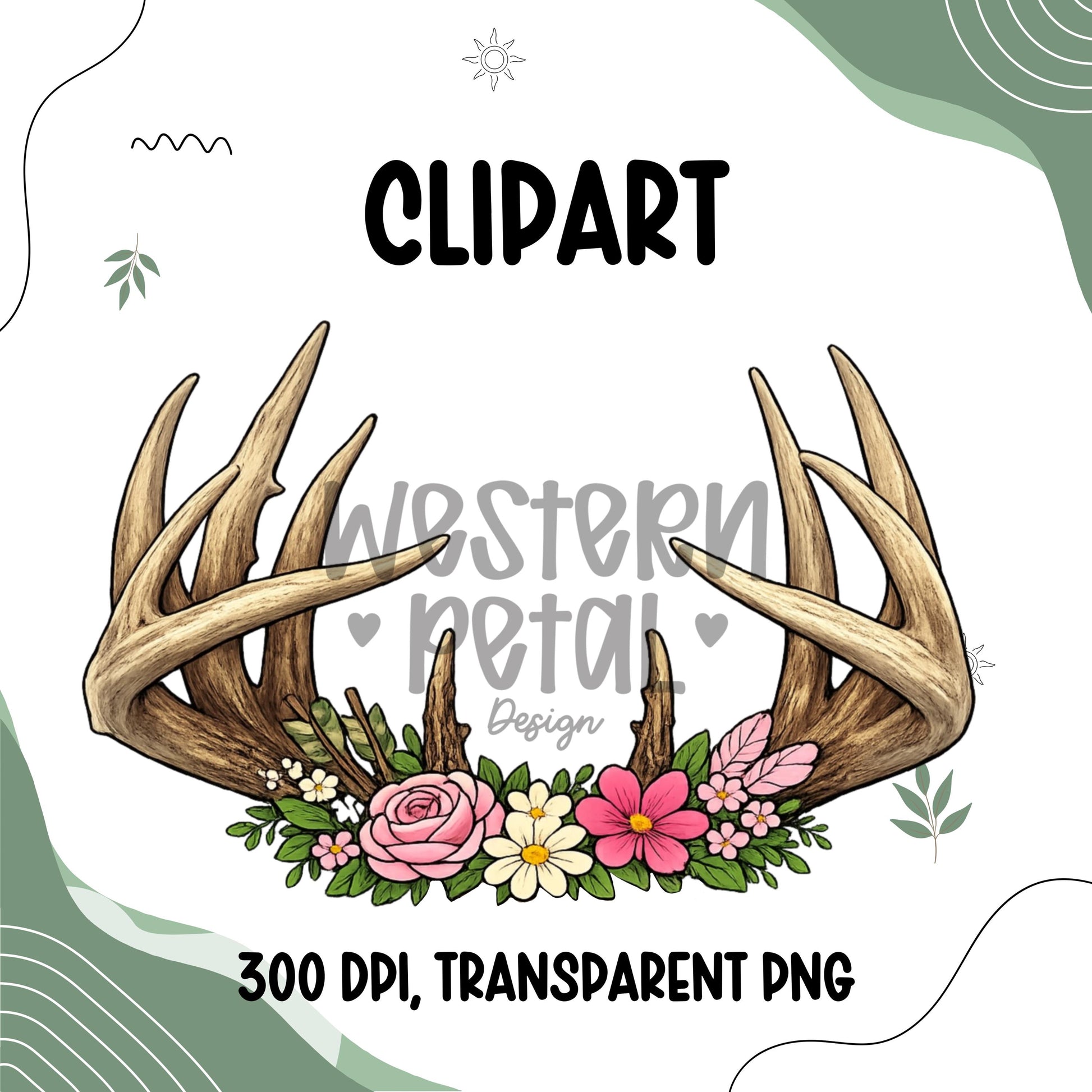 Floral deer antler clipart with pink and white flowers and greenery, transparent PNG design