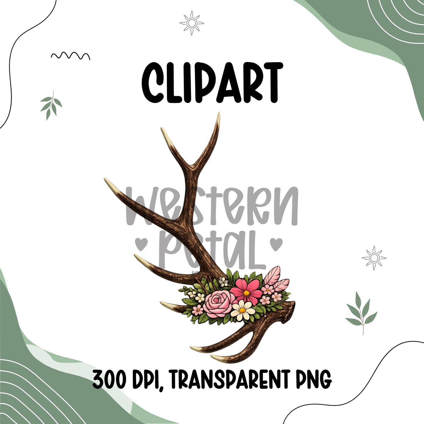 Floral elk antler clipart with pink and neutral flowers, transparent PNG
