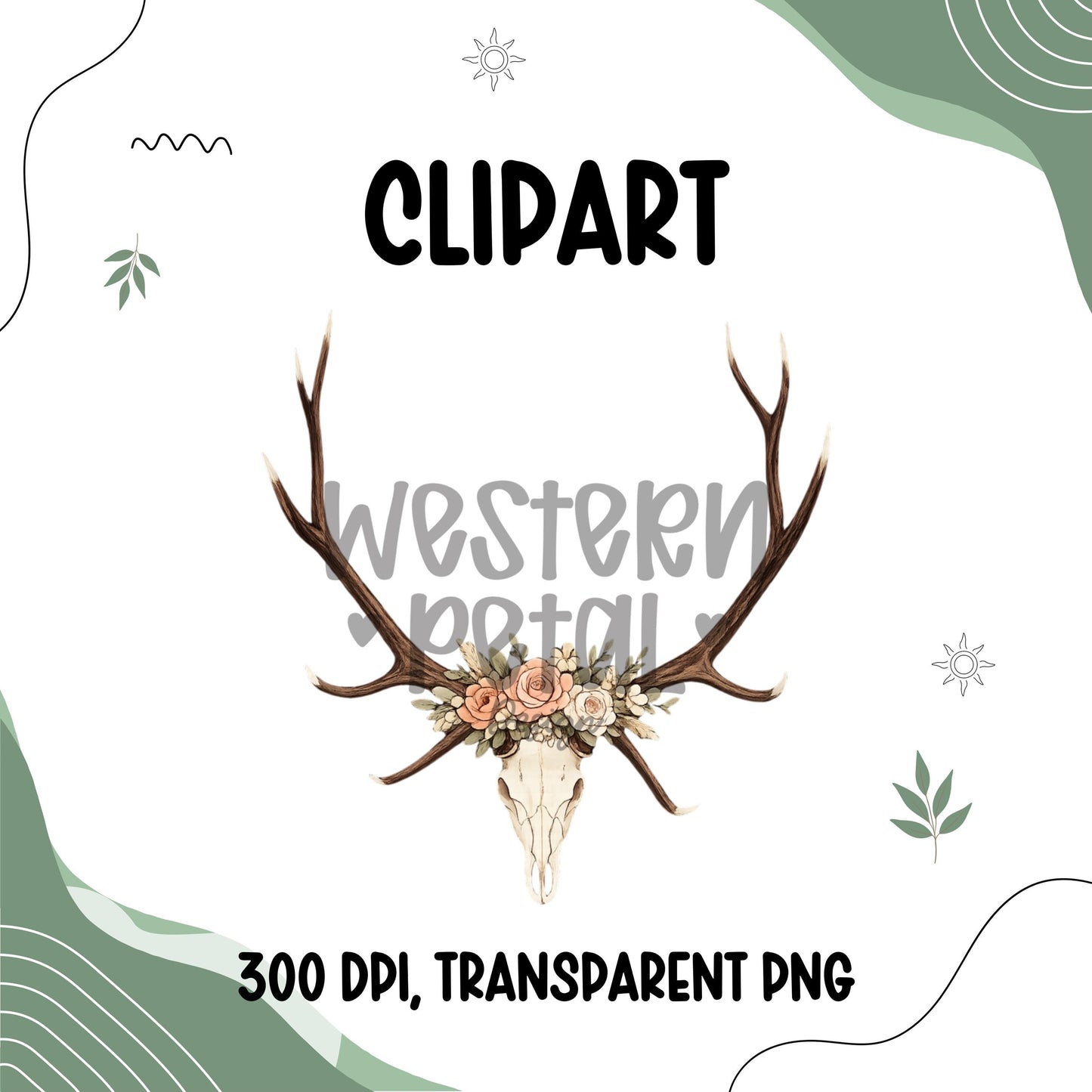 Floral elk antler clipart with pink and neutral flowers, transparent PNG