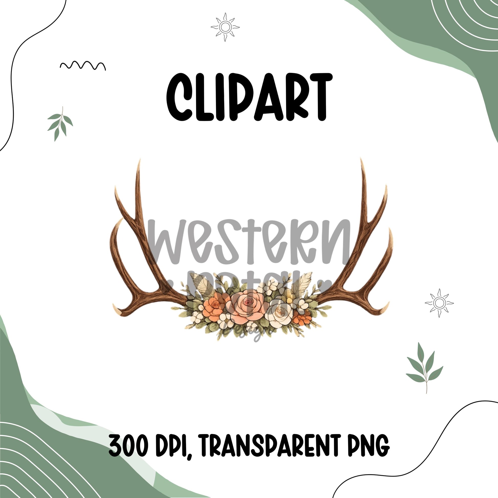Floral mule deer antler clipart with pink and neutral flowers on transparent background