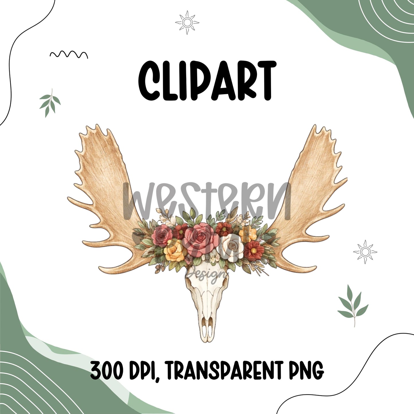 Floral moose antler clipart with pink and neutral flowers on transparent background