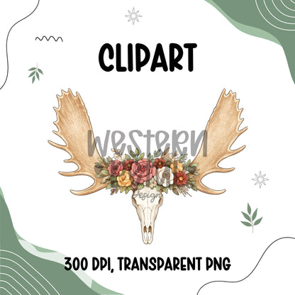 Floral moose antler clipart with pink and neutral flowers on transparent background