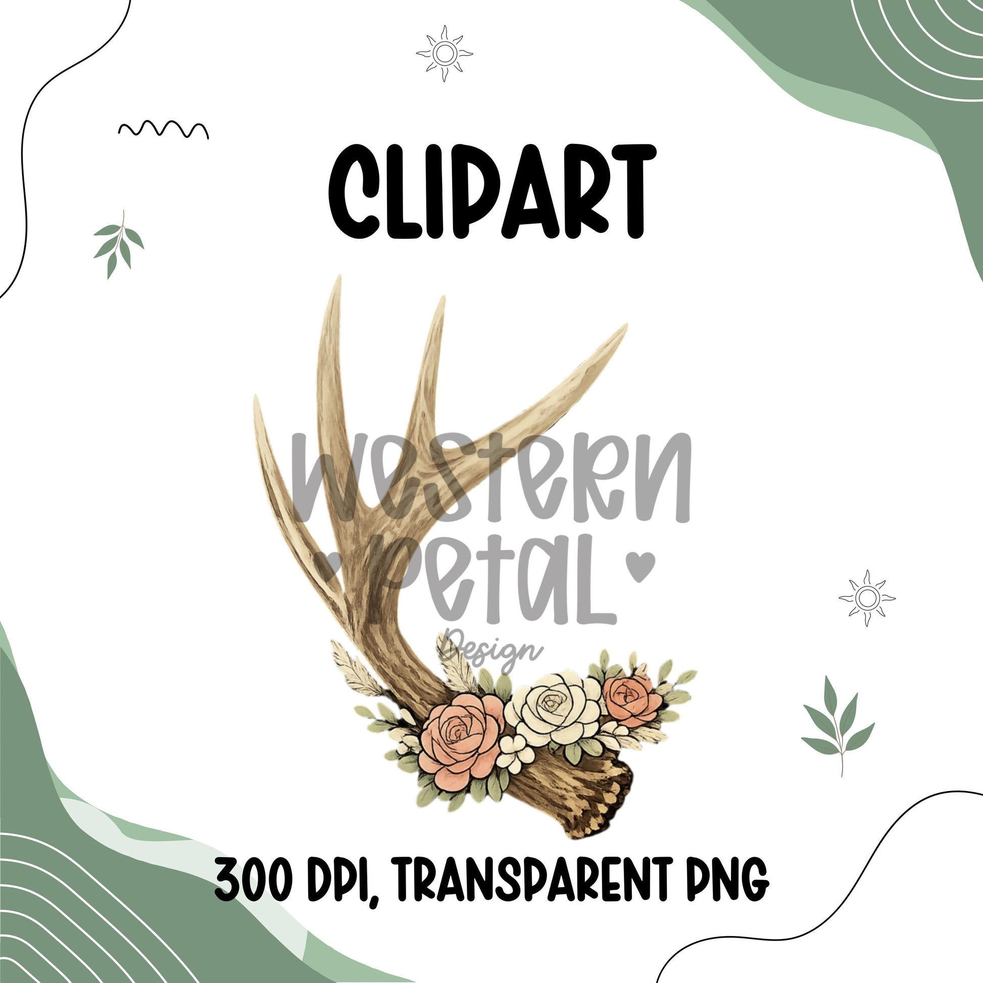 Floral Antler Clipart Bundle | Boho Western Deer, Elk, Moose Graphics (PNG, 300 DPI)