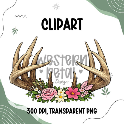 Floral Antler Clipart Bundle | Boho Western Deer, Elk, Moose Graphics (PNG, 300 DPI)