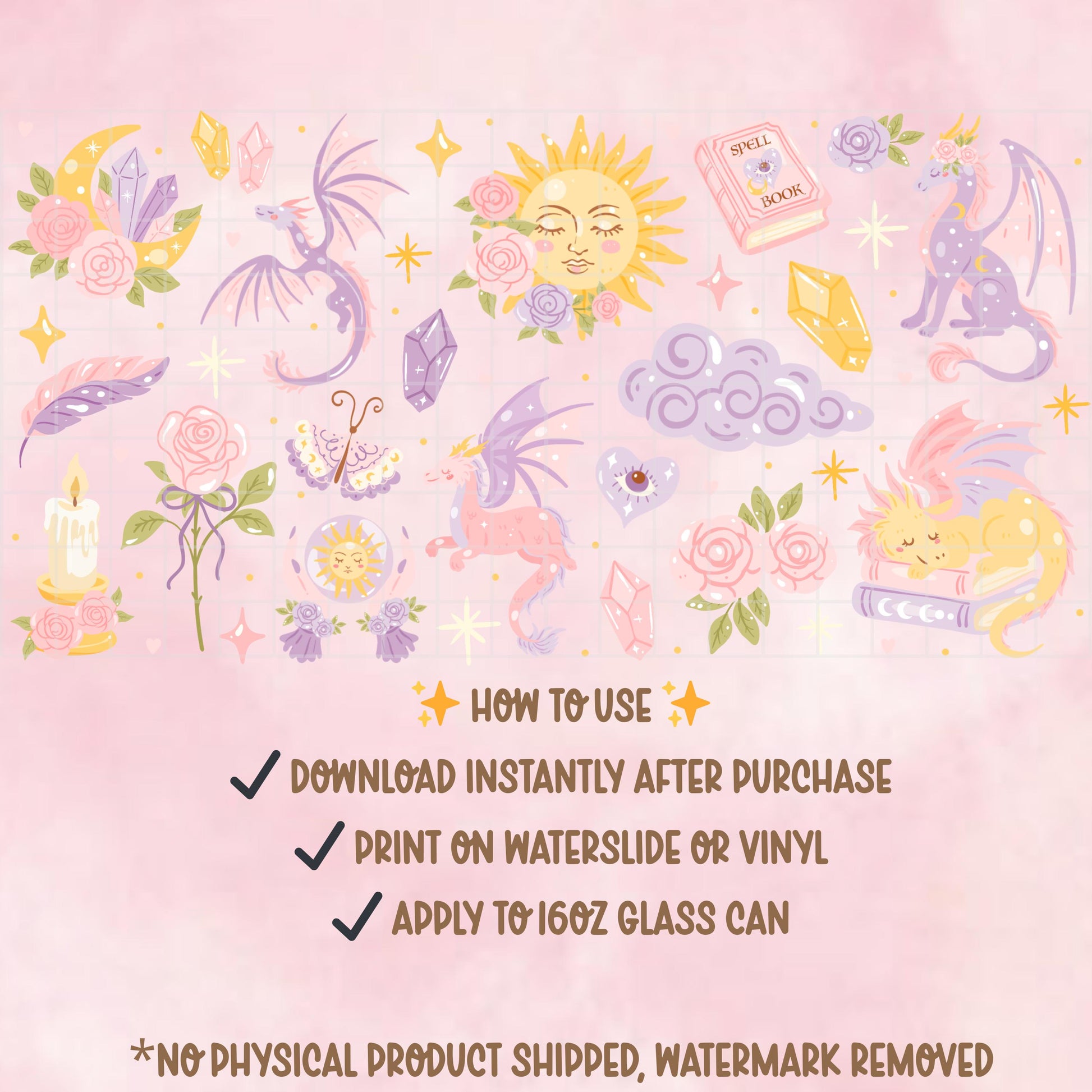 Pastel Dragon Glass Can Wrap PNG | Celestial Sun Moon Fantasy Tumbler Design (Digital Download)