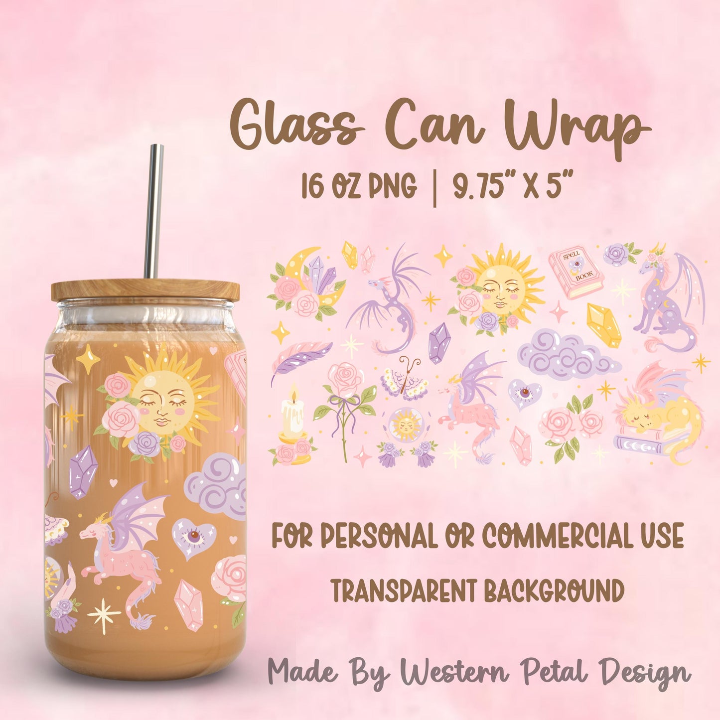 16oz pastel fantasy dragon glass can wrap PNG featuring celestial sun face, pink roses, crystals, spell book, and lavender dragons on transparent background.