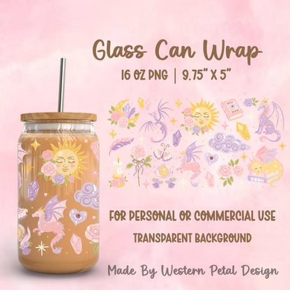 16oz pastel fantasy dragon glass can wrap PNG featuring celestial sun face, pink roses, crystals, spell book, and lavender dragons on transparent background.