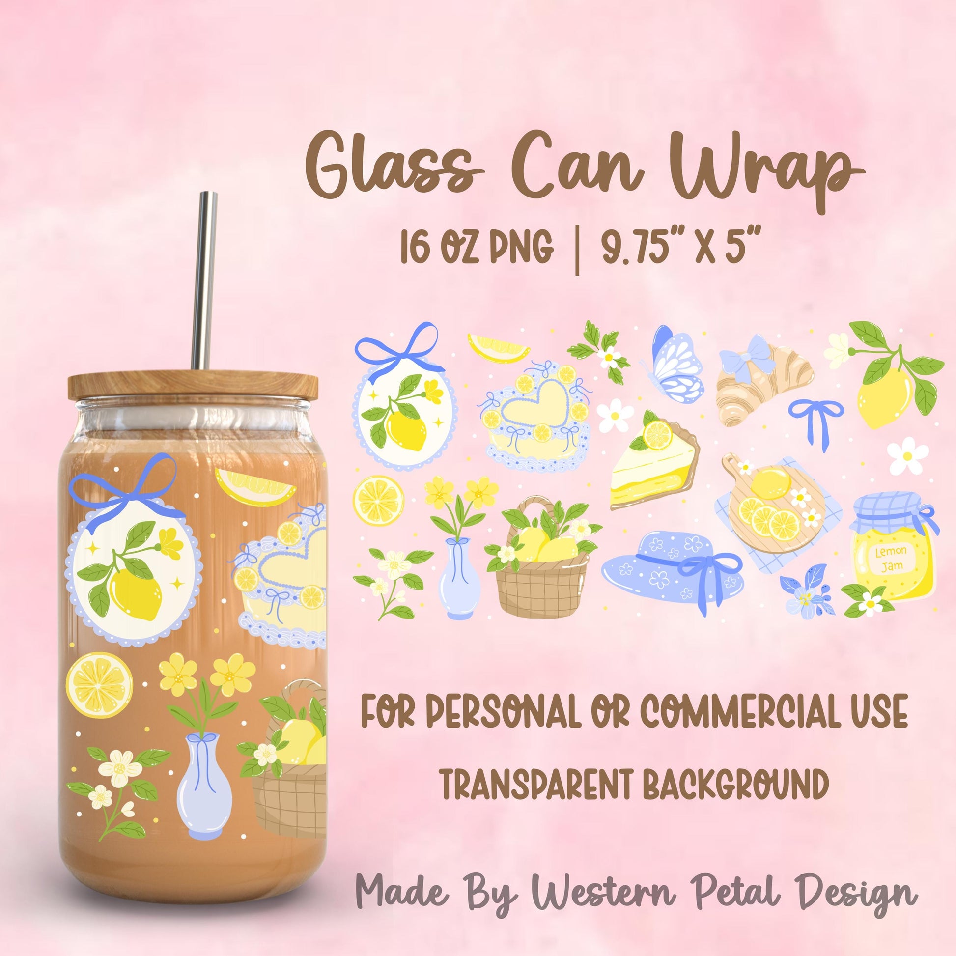Lemon Glass Can Wrap PNG | Blue Bow Coquette Tumbler Design (Digital Download)