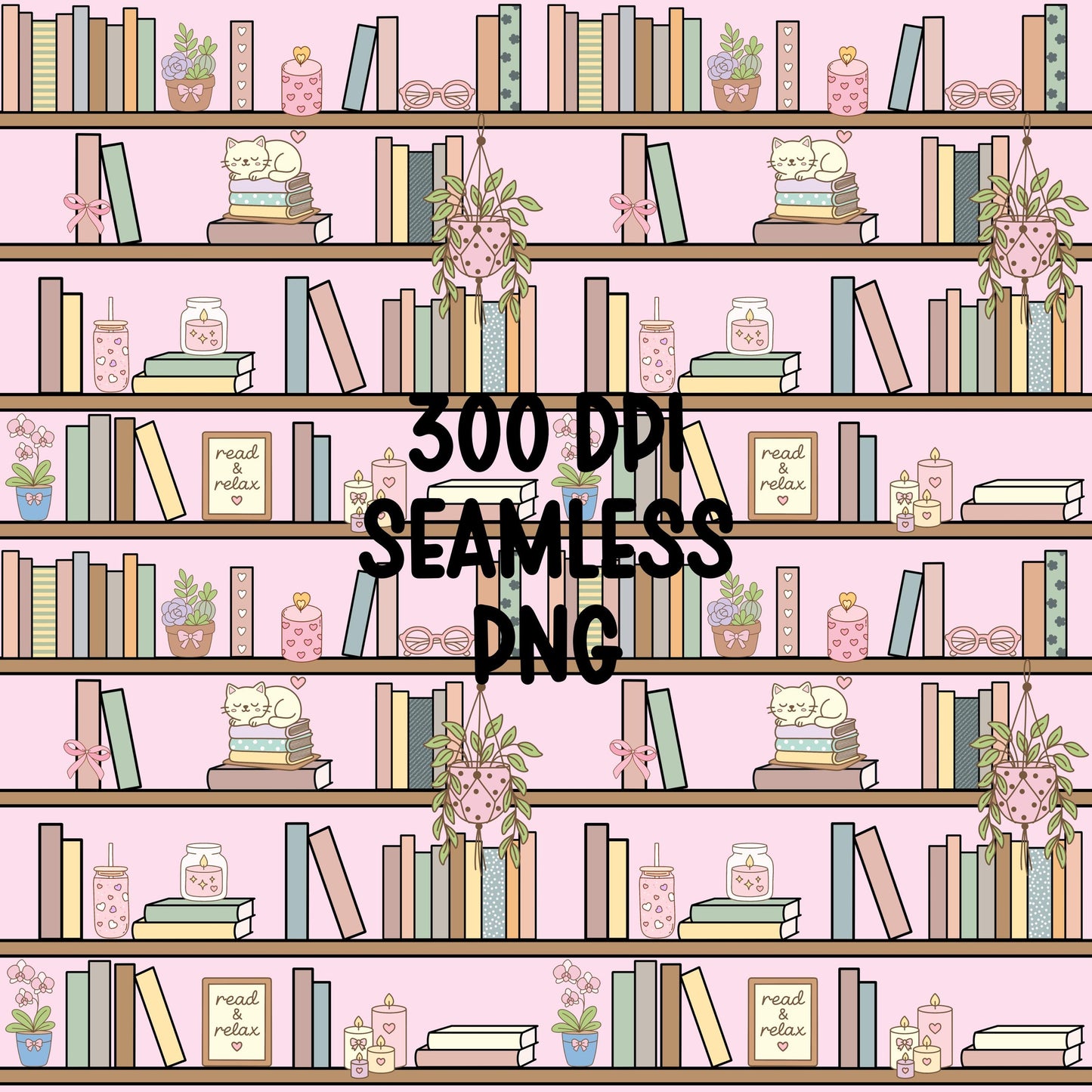 Pink Bookshelf Seamless Pattern PNG, Cozy Bookish Cat Digital Paper, Library Reading Pattern, Pastel Plant Books Design, 12x12 Sublimation