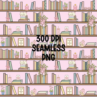 Pink Bookshelf Seamless Pattern PNG, Cozy Bookish Cat Digital Paper, Library Reading Pattern, Pastel Plant Books Design, 12x12 Sublimation