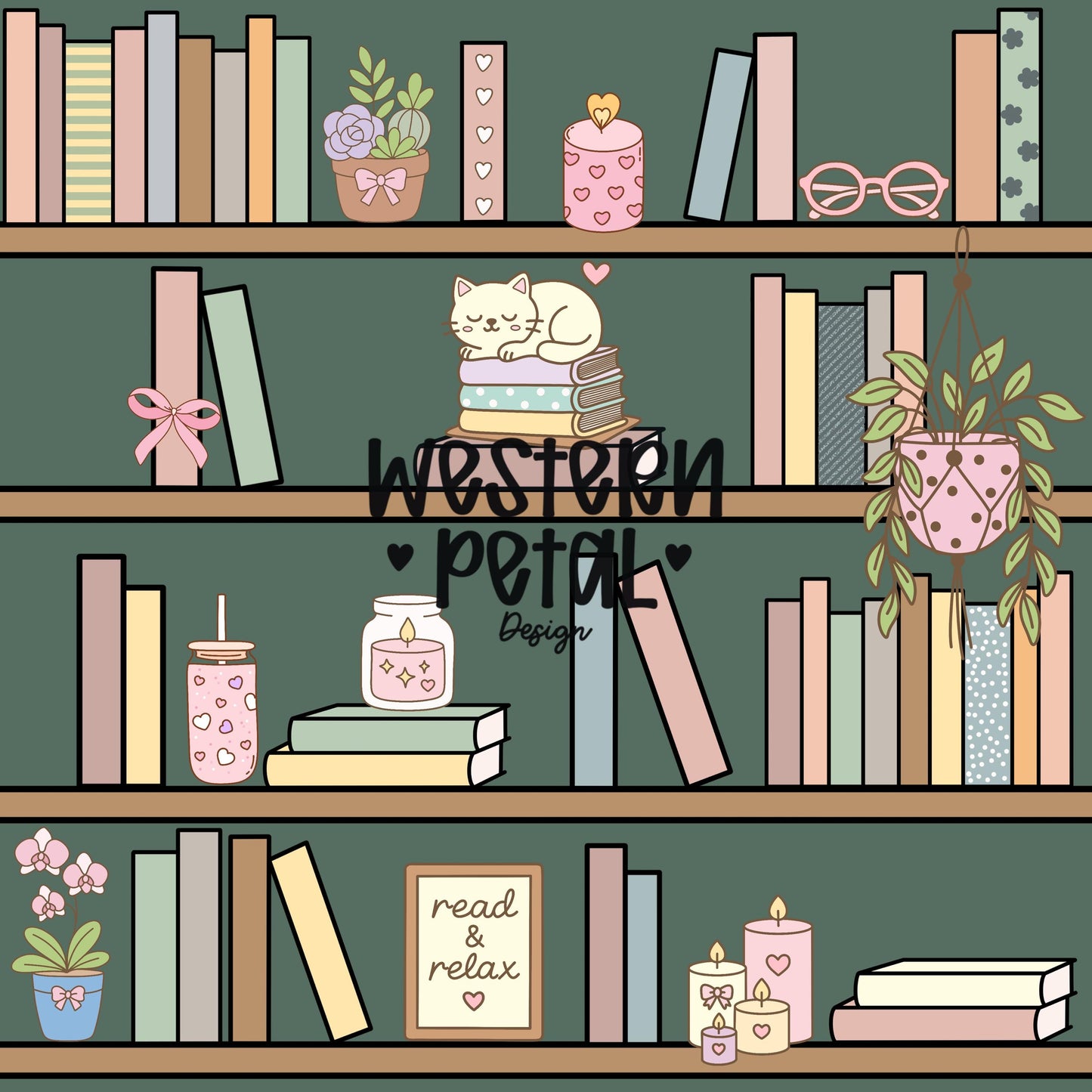 Green Bookshelf Seamless Pattern PNG, Cozy Bookish Cat Digital Paper, Library Reading Pattern, Pastel Plant Books Design, 12x12 Sublimation