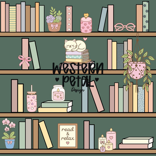 Green Bookshelf Seamless Pattern PNG, Cozy Bookish Cat Digital Paper, Library Reading Pattern, Pastel Plant Books Design, 12x12 Sublimation