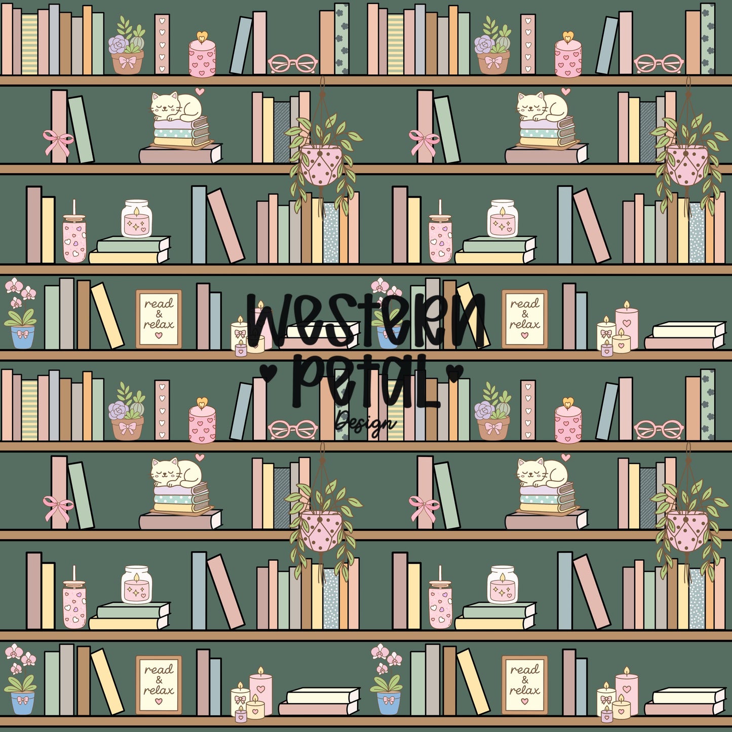 Green Bookshelf Seamless Pattern PNG, Cozy Bookish Cat Digital Paper, Library Reading Pattern, Pastel Plant Books Design, 12x12 Sublimation