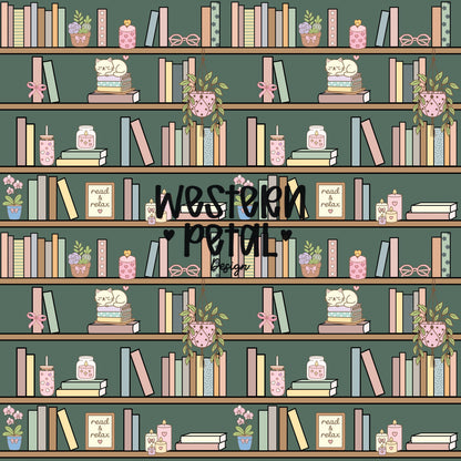 Green Bookshelf Seamless Pattern PNG, Cozy Bookish Cat Digital Paper, Library Reading Pattern, Pastel Plant Books Design, 12x12 Sublimation
