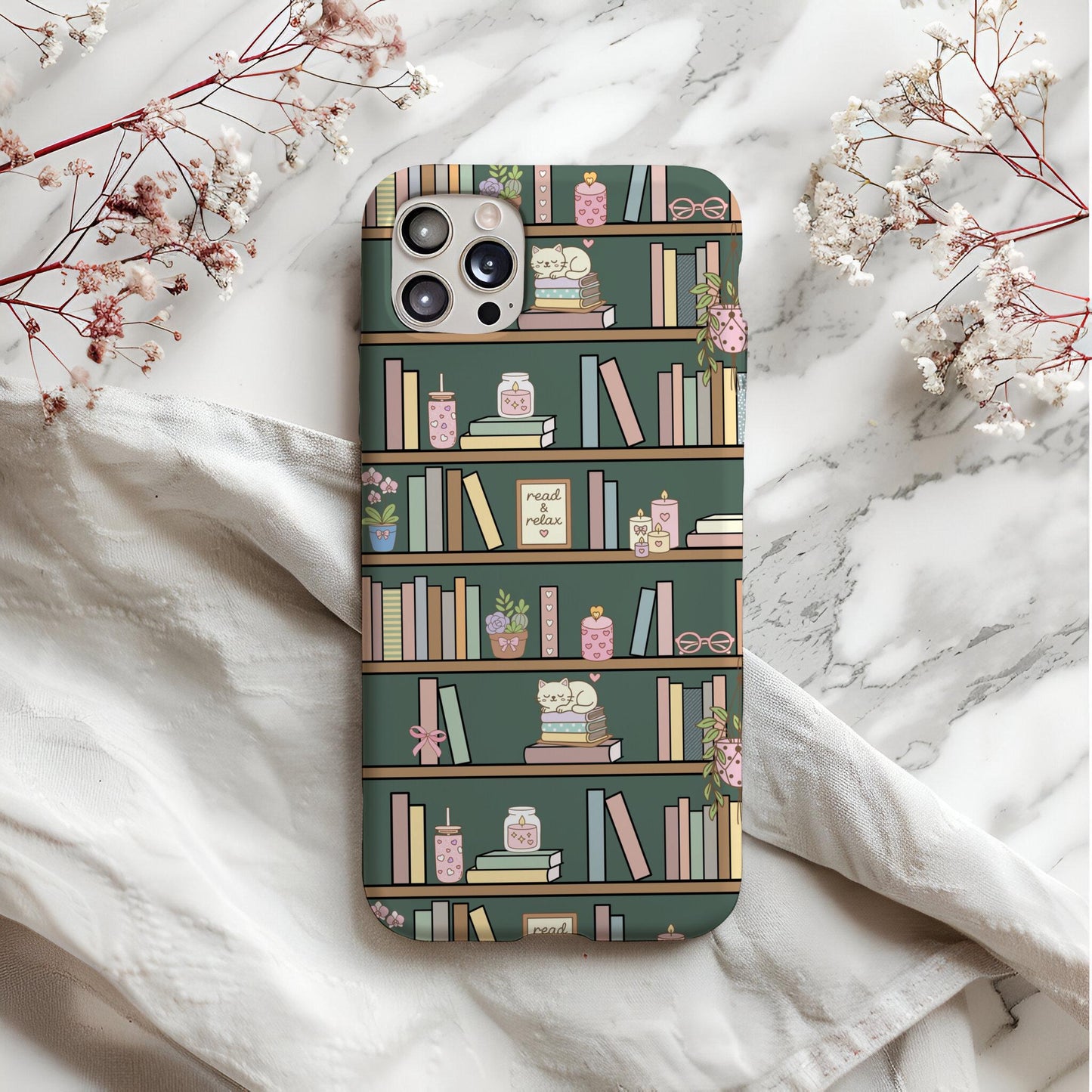 Green Bookshelf Seamless Pattern PNG, Cozy Bookish Cat Digital Paper, Library Reading Pattern, Pastel Plant Books Design, 12x12 Sublimation