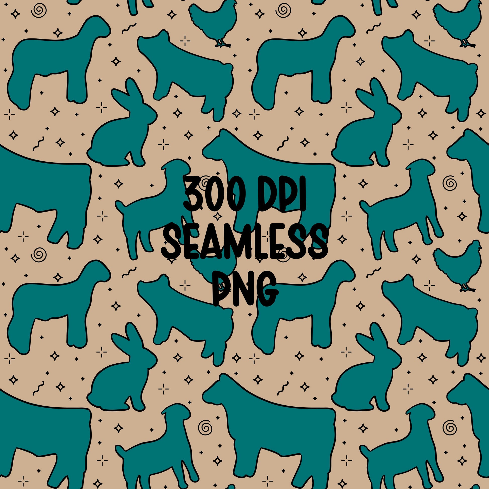 4H Livestock Seamless Pattern Turquoise Farm Animals Show Barn Boho Digital Download