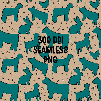 4H Livestock Seamless Pattern Turquoise Farm Animals Show Barn Boho Digital Download