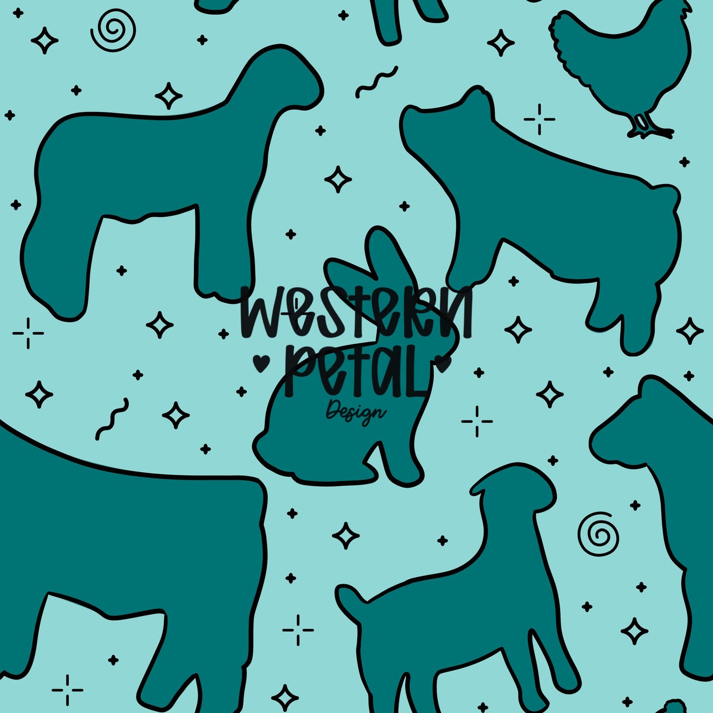 4H Livestock Seamless Pattern Turquoise Farm Animals Show Barn Boho Digital Download