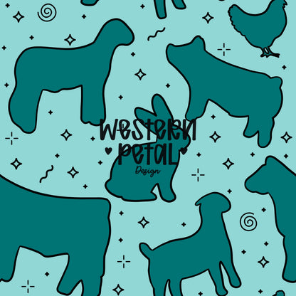 4H Livestock Seamless Pattern Turquoise Farm Animals Show Barn Boho Digital Download