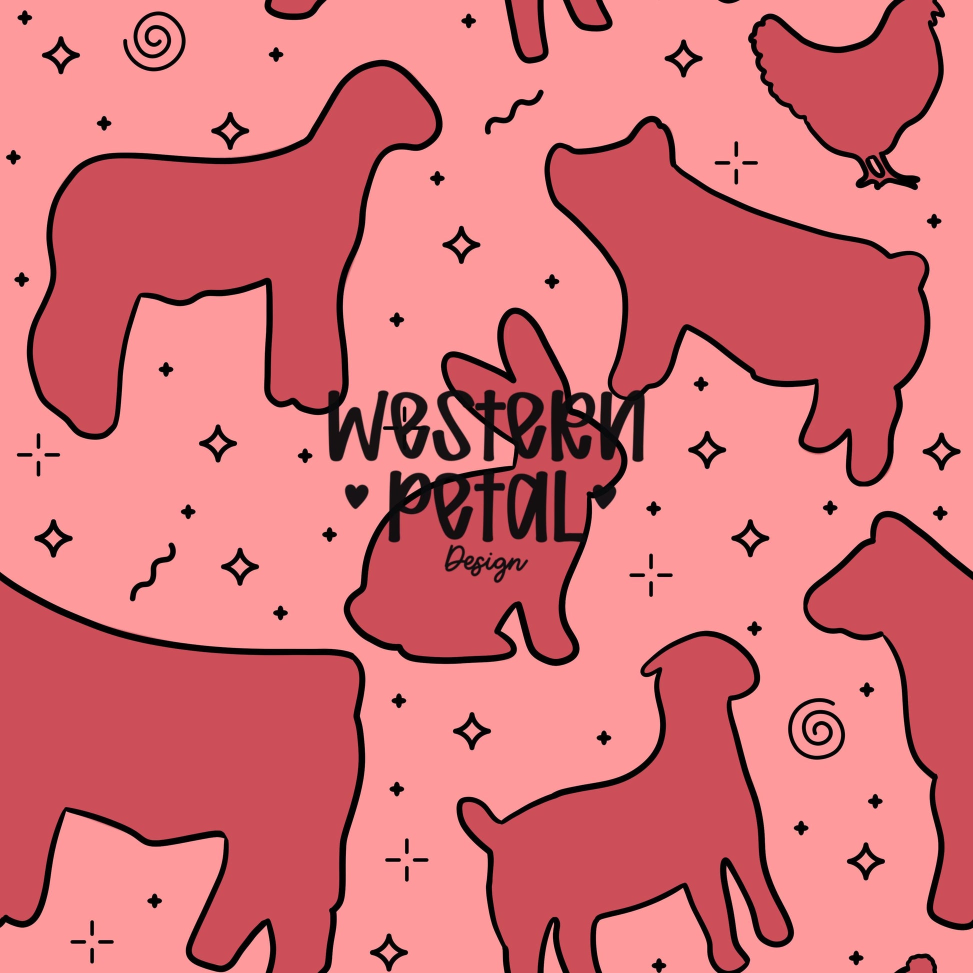 4H Livestock Seamless Pattern Pink Farm Animals Show Barn Boho Digital Download