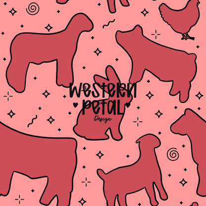 4H Livestock Seamless Pattern Pink Farm Animals Show Barn Boho Digital Download
