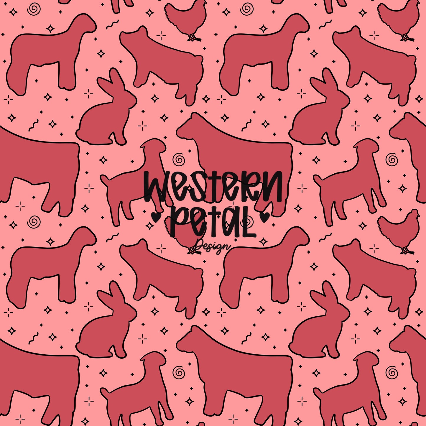 4H Livestock Seamless Pattern Pink Farm Animals Show Barn Boho Digital Download