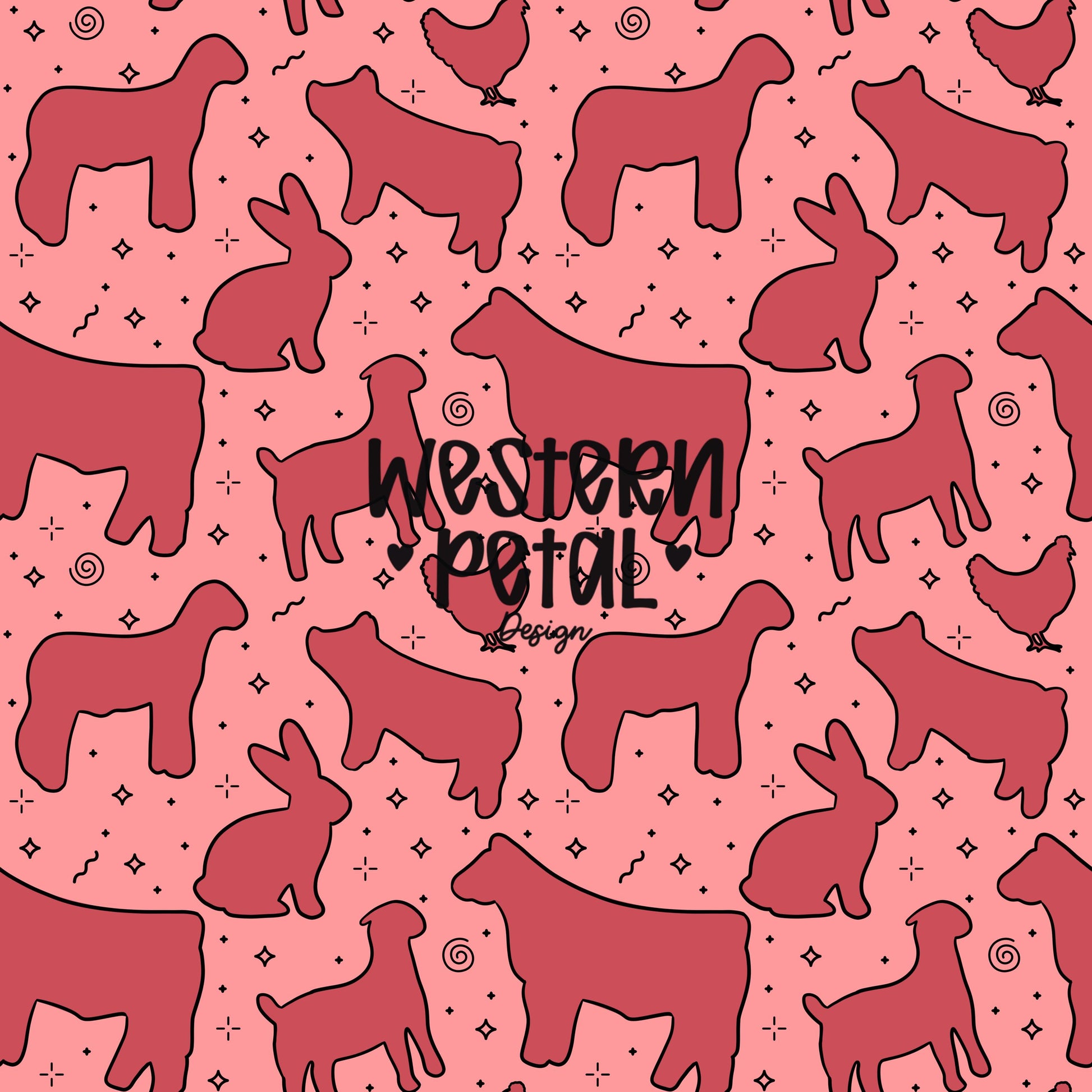 4H Livestock Seamless Pattern Pink Farm Animals Show Barn Boho Digital Download