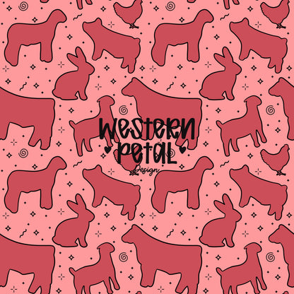 4H Livestock Seamless Pattern Pink Farm Animals Show Barn Boho Digital Download