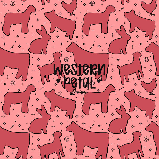 4H Livestock Seamless Pattern Pink Farm Animals Show Barn Boho Digital Download