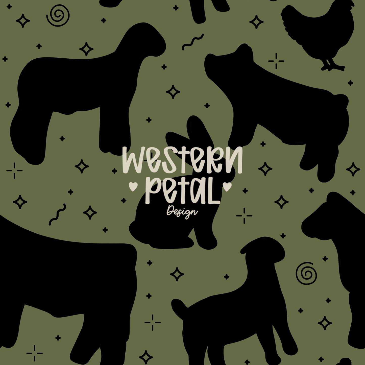 4H Livestock Seamless Pattern Green Farm Animals Show Barn Boho Digital Download