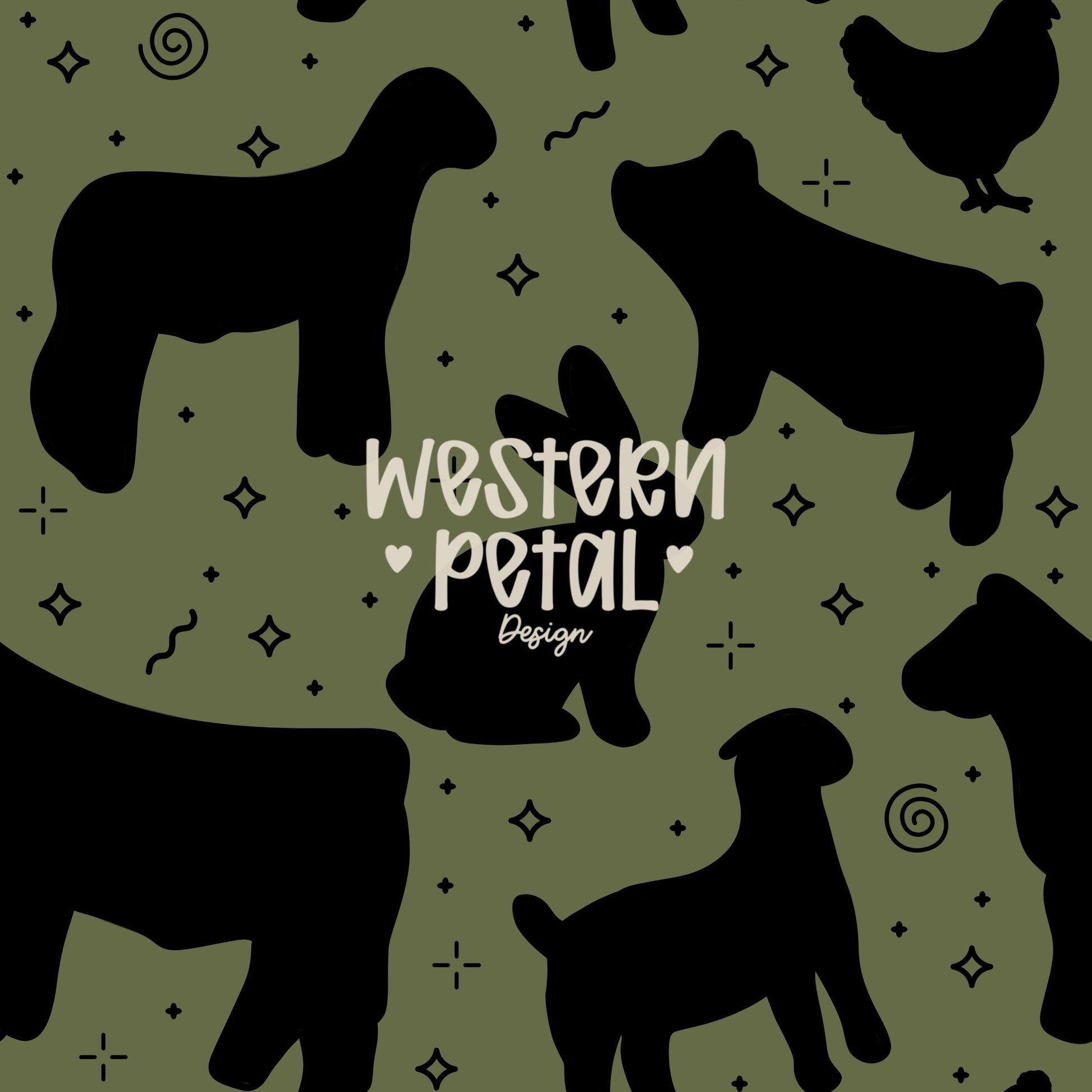 4H Livestock Seamless Pattern Green Farm Animals Show Barn Boho Digital Download