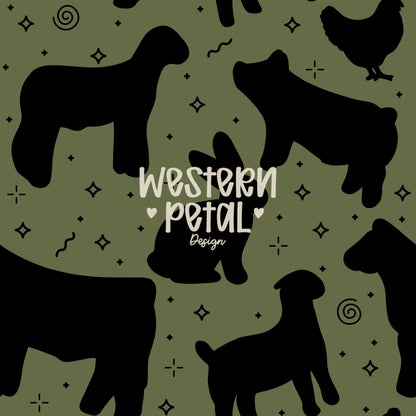 4H Livestock Seamless Pattern Green Farm Animals Show Barn Boho Digital Download