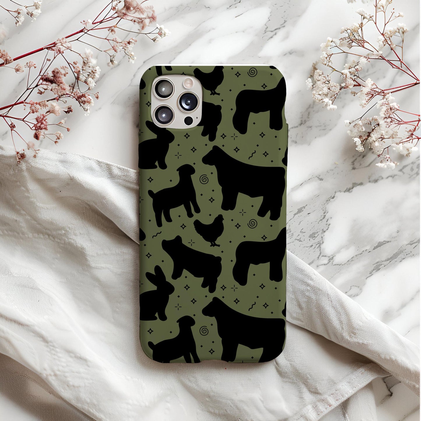4H Livestock Seamless Pattern Green Farm Animals Show Barn Boho Digital Download