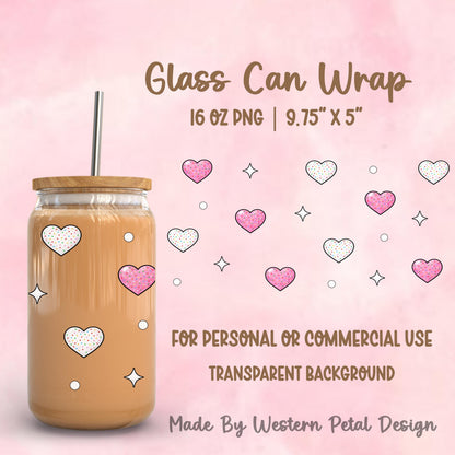 Pink heart frosted cookie glass can wrap displayed on a 16oz iced coffee glass cup with bamboo lid and straw, featuring sprinkle heart pattern and cute pastel design