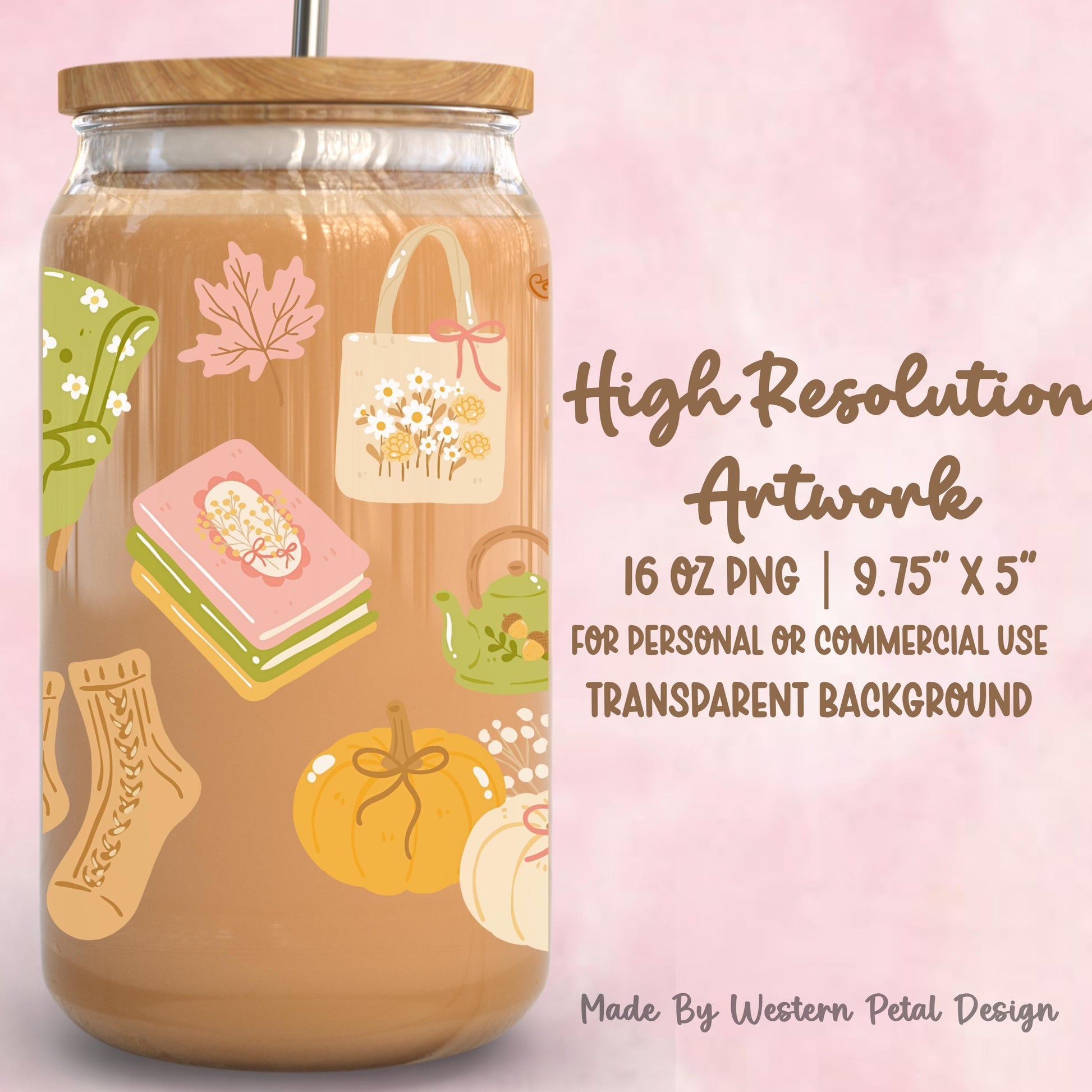 Fall Cozy 16oz Glass Can Wrap PNG | Pumpkin, Coffee Design (Digital Download)