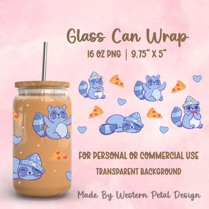 Raccoon Pizza 16oz Libbey Glass Can Wrap PNG | Kawaii Tumbler Design (Digital Download)
