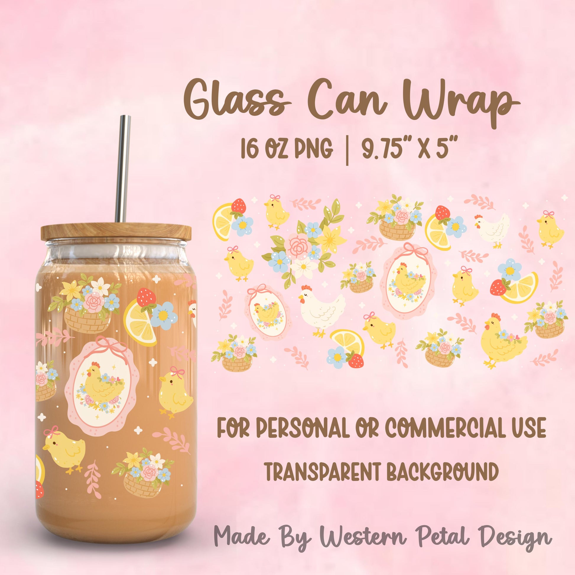 Spring chicken glass can wrap on iced coffee cup with floral chick lemon design