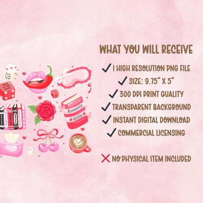 Pink Coquette Bookish 16oz Glass Can Wrap | Romance Girlie PNG (Digital Download)
