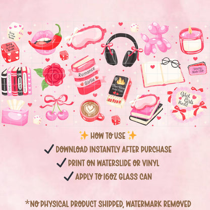 Pink Coquette Bookish 16oz Glass Can Wrap | Romance Girlie PNG (Digital Download)