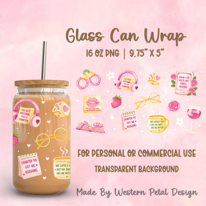 Pink bookish glass can wrap PNG featuring Kindle reader humor, spicy chapter notes, romance reader icons, flowers, coffee mug quote, and wine glass for a 16oz Libbey glass can.