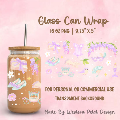 Pastel regency romance glass can wrap PNG featuring corset, gloves, carriage, fan, wisteria florals, and vintage romance aesthetic designed for a 16oz Libbey glass can.