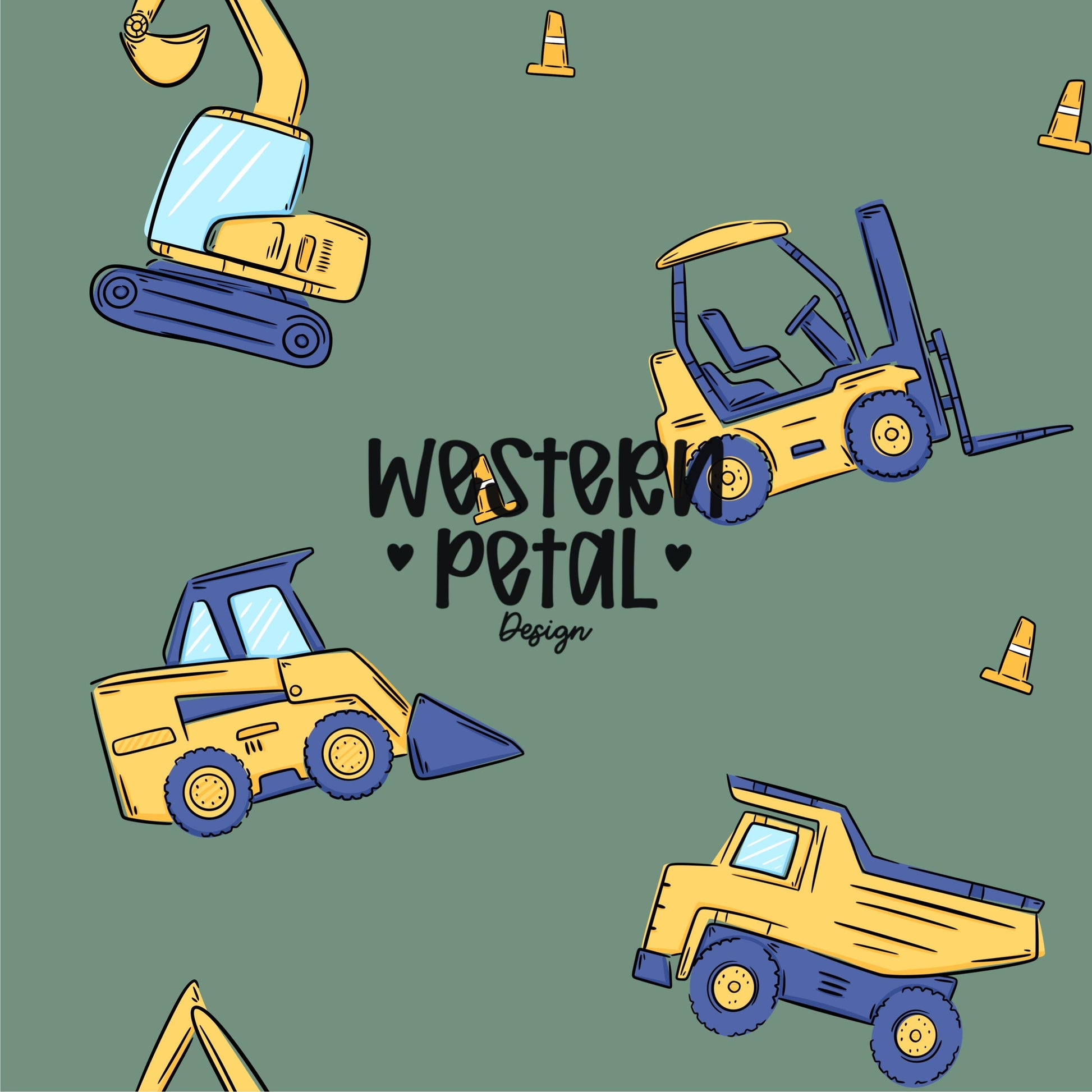 seamless construction vehicle pattern with excavator forklift dump truck bulldozer and cones on green background