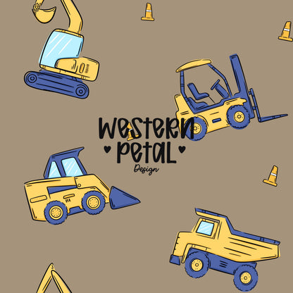 seamless construction vehicle pattern with excavator forklift dump truck bulldozer and cones on brown background