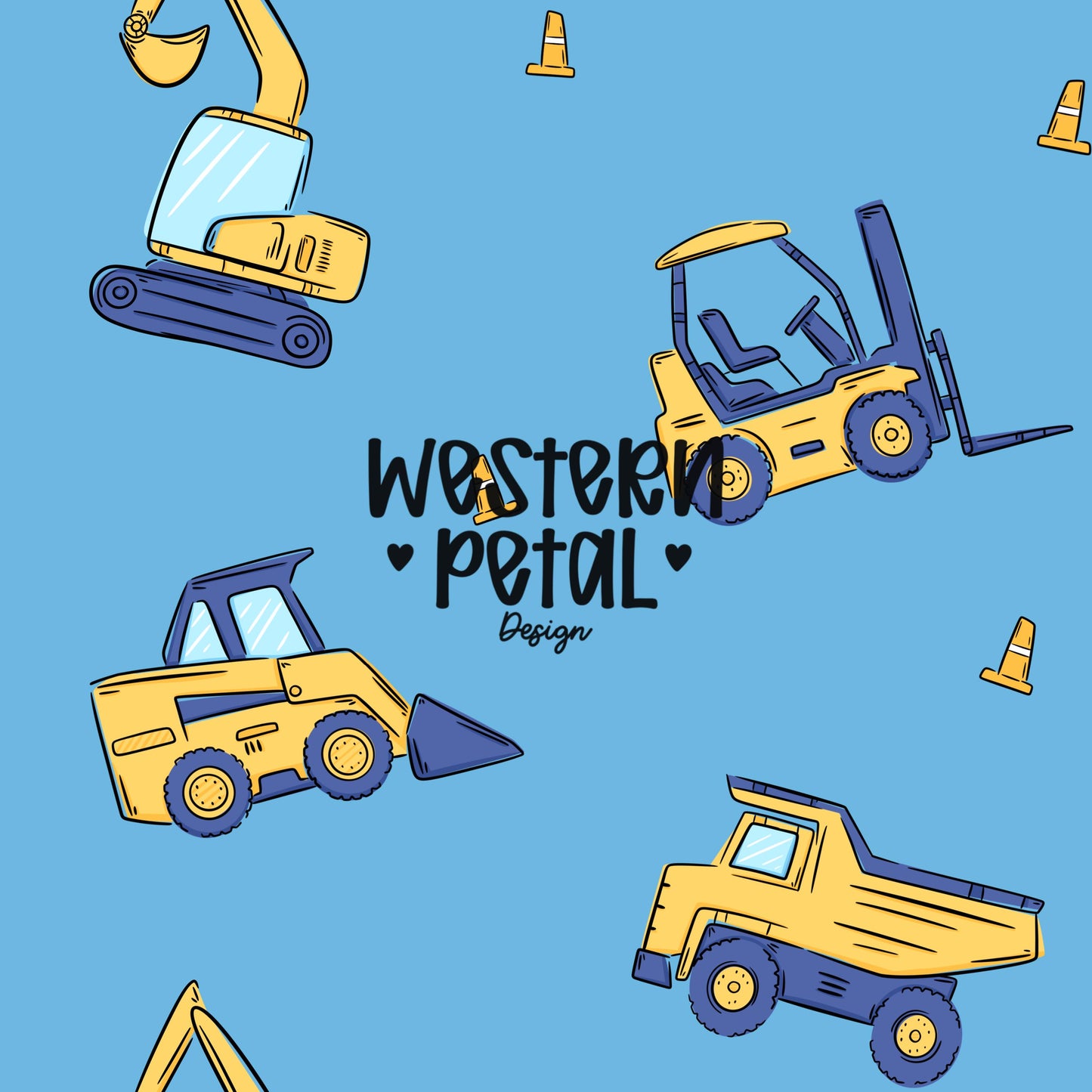 seamless construction vehicle pattern with excavator forklift dump truck bulldozer and cones on blue background