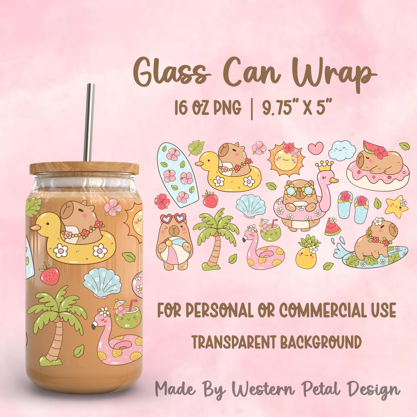 Cute capybara summer pool party glass can wrap design with capybara on duck float, flamingo pool float, surfboard, palm tree, pineapple and tropical beach elements for 16oz Libbey glass can