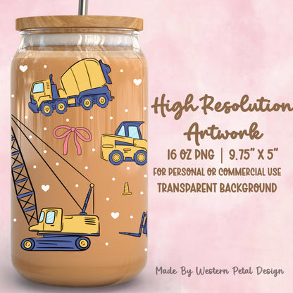Girly Construction Glass Can Wrap PNG, Trucks Tumbler Design (Digital Download)