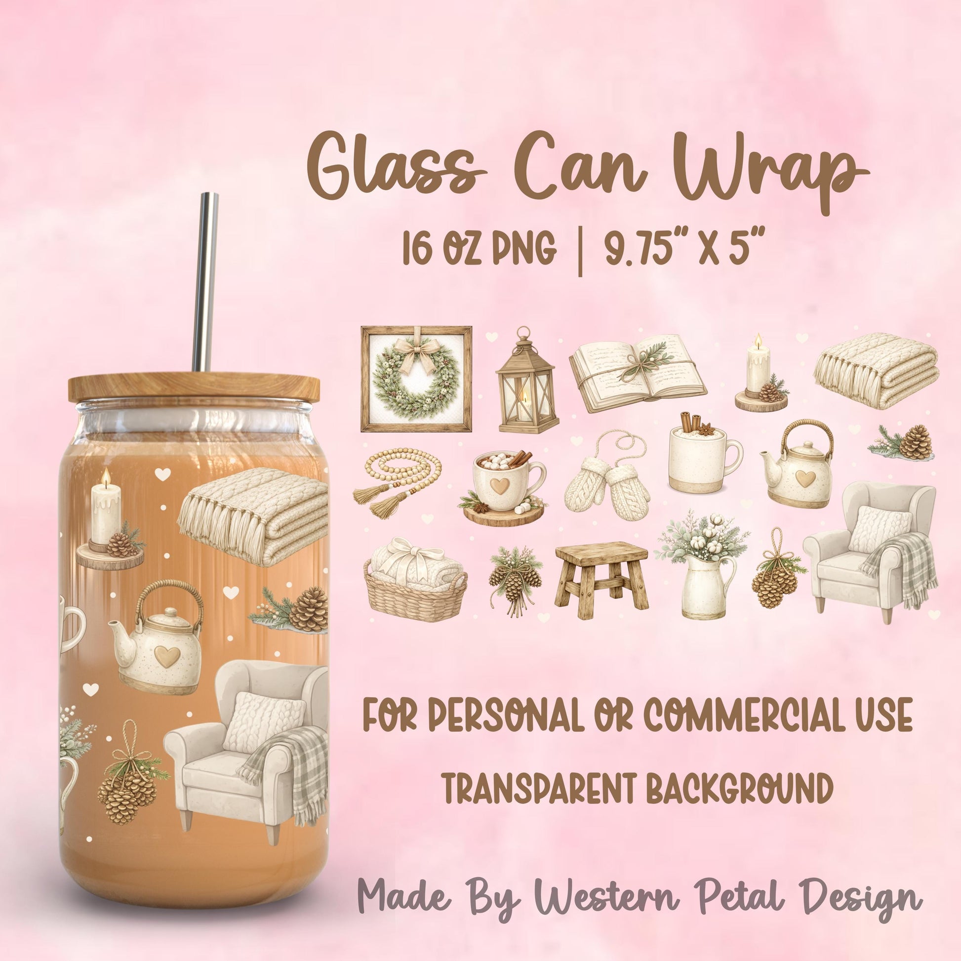 Cozy hygge themed glass can wrap with hot cocoa, lantern, wreath, knit mittens, teapot, candle and rustic cottage decor for 16oz Libbey glass can