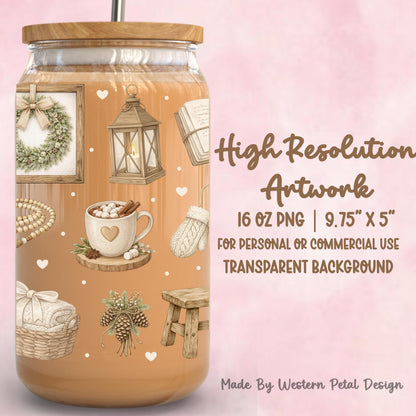 Hygge Glass Can Wrap PNG, Neutral Winter Cottagecore Tumbler Design (Digital Download)