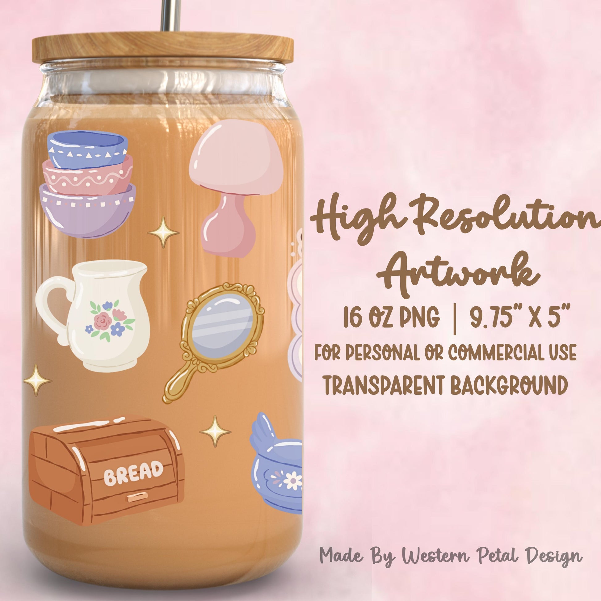 Thrifting Glass Can Wrap PNG | Vintage Cottagecore Tumbler Design for DIY Crafts Waterslide Vinyl DTF 16oz Digital Download